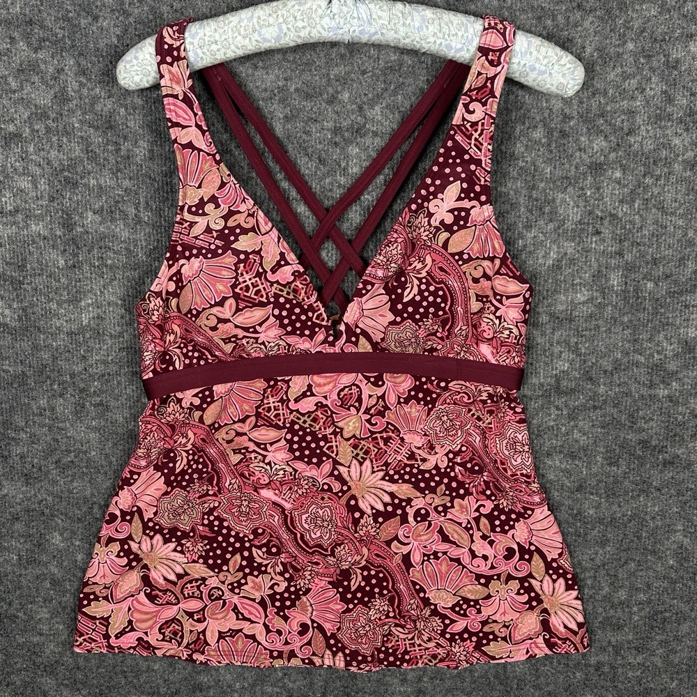 Carmen Marc‎ Valvo Tankini Swim Top M Burgundy Pink Floral Strappy NWOT Boho